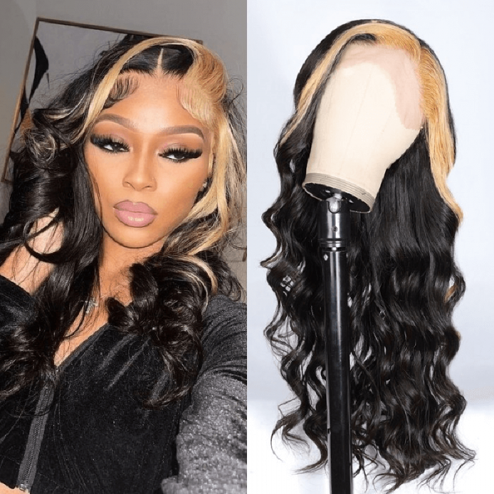 Incolorwig Skunk Stripe Wig With Honey Blonde Highlights Loose Wave Lace Front Wig With Streaks In Front