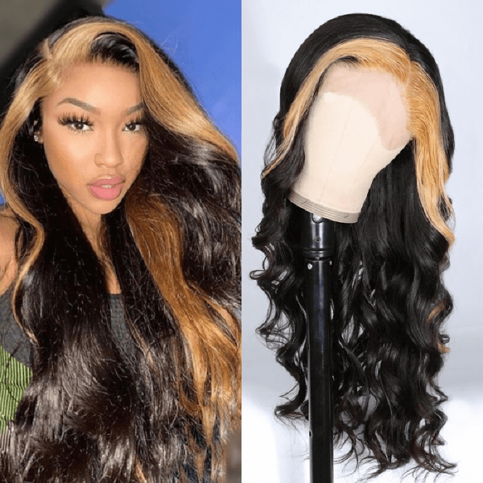 Incolorwig Skunk Stripe Wig With Honey Blonde Highlights Loose Wave Lace Front Wig With Streaks In Front
