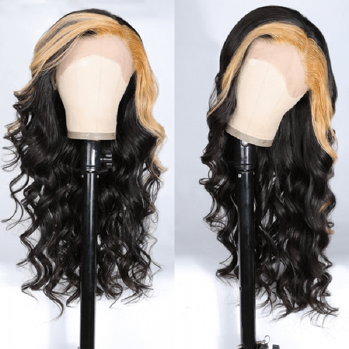 Incolorwig Skunk Stripe Wig With Honey Blonde Highlights Loose Wave Lace Front Wig With Streaks In Front