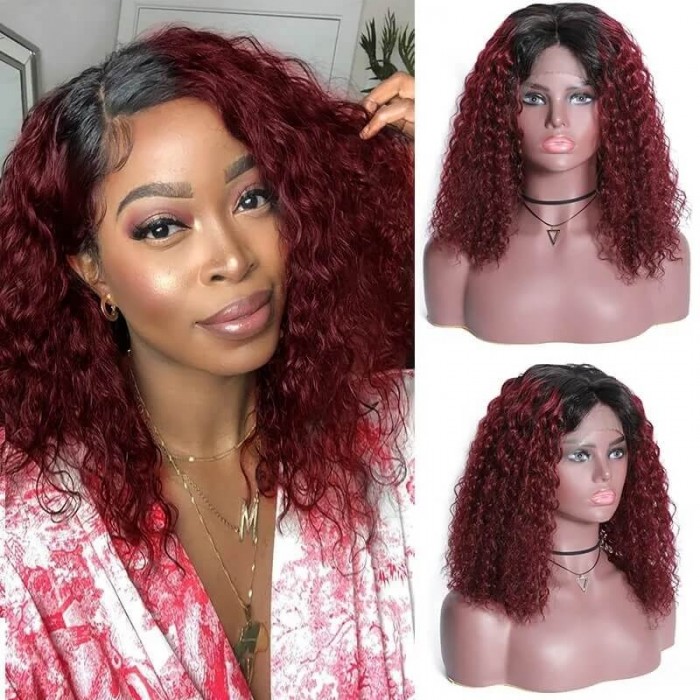 Incolorwig T1B99J Curly Bob Wig Pre-Plucked 13x4 Lace Front Wigs Ombre Red Human Hair 150% Density