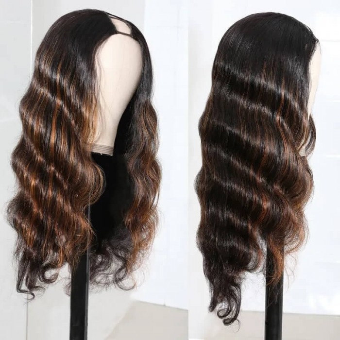 Incolorwig Ombre Wig 150% Density U Part Wig Body Wave Human Hair Wigs Black Hair With Brown Highlights