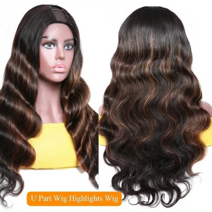 Incolorwig Ombre Wig 150% Density U Part Wig Body Wave Human Hair Wigs Black Hair With Brown Highlights