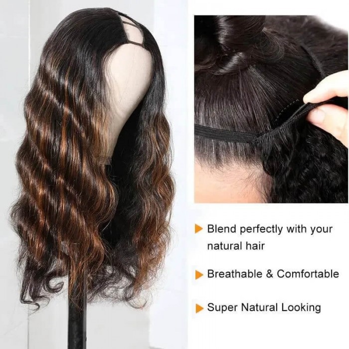 Incolorwig Ombre Wig 150% Density U Part Wig Body Wave Human Hair Wigs Black Hair With Brown Highlights