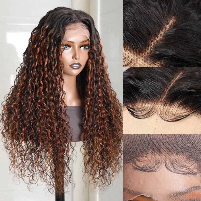 Incolorwig Chocolate Brown Color Highlight Water Wave Wig 13*4 Lace Front Wigs 150% Desnity Ombre Wig