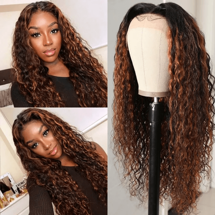 Incolorwig Chocolate Brown Color Highlight Water Wave Wig 13*4 Lace Front Wigs 150% Desnity Ombre Wig