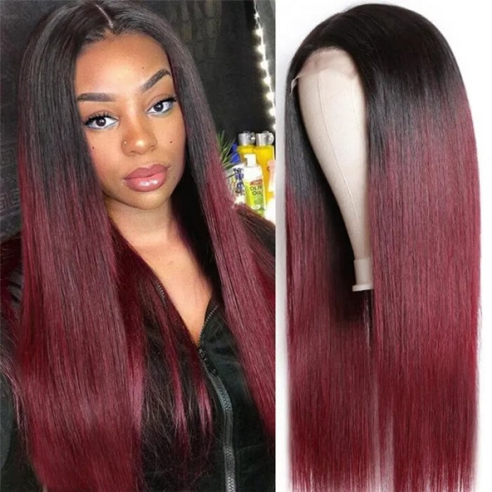 Incolorwig Straight Human Hair Wig Red Color 4x4 Lace Closure Straight Hair Wigs 1B99J Wig 150% Density