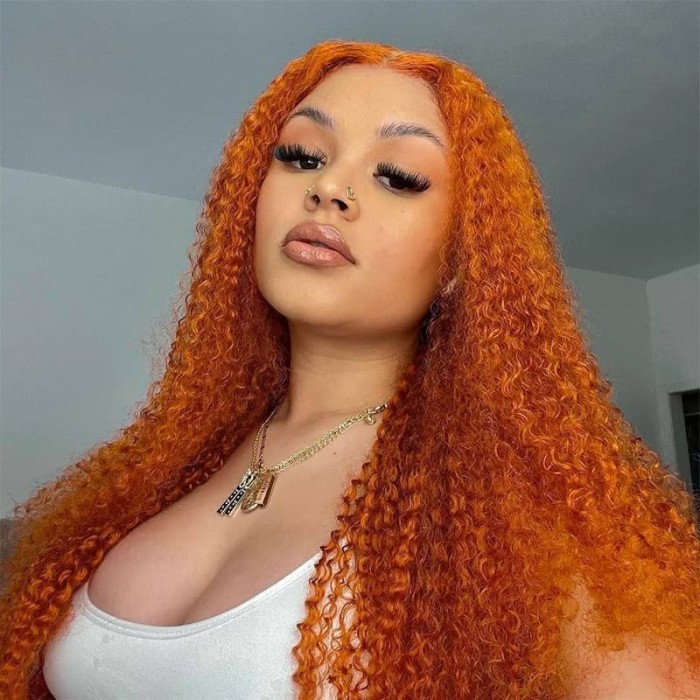 Incolorwig New Fashion Jerry Curly Lace Part Wig Ginger Orange 150% Density Colored Human Hair Wigs