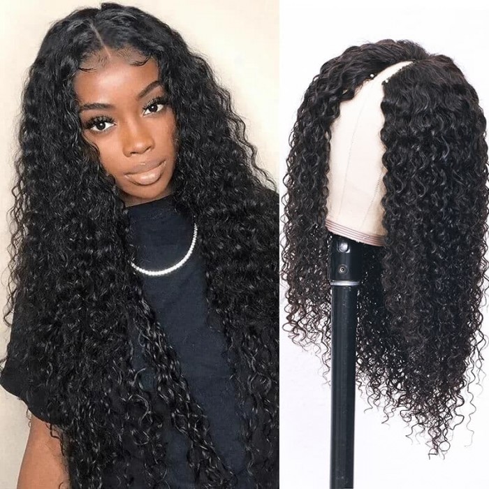 Incolorwig Jerry Curly V Part Wigs 150% Density Human Hair Wig Free Part Glueless No Leave Out No Glue