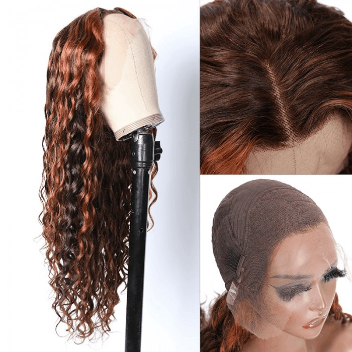 Incolorwig Deep Wave Human Hair Wig 13x4 Lace Front Wig Ginger Highlight Ombre Color 150% Density With Baby Hair