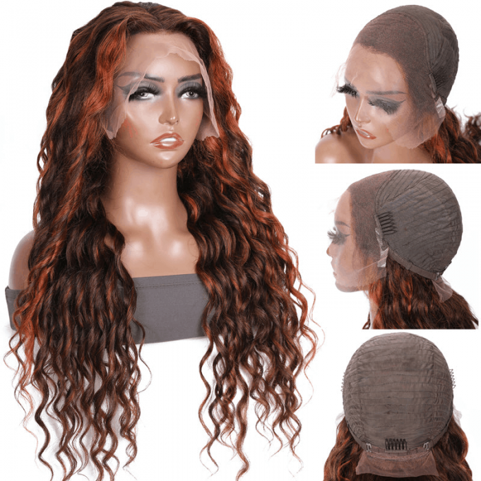 Incolorwig Deep Wave Human Hair Wig 13x4 Lace Front Wig Ginger Highlight Ombre Color 150% Density With Baby Hair