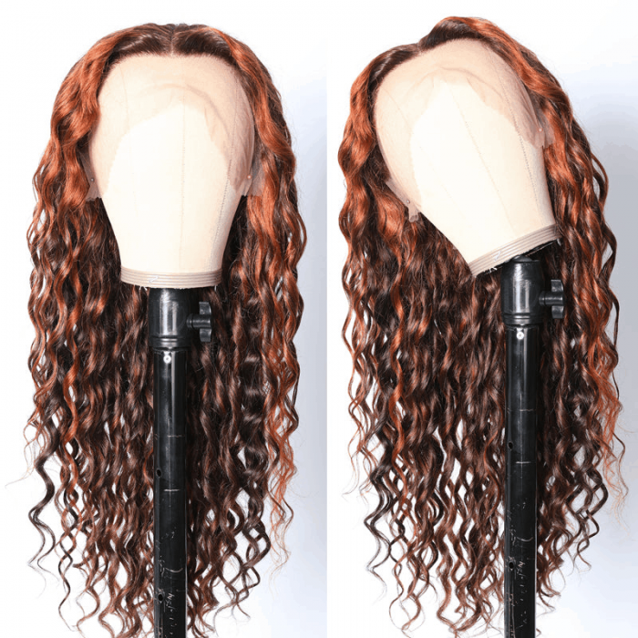 Incolorwig Deep Wave Human Hair Wig 13x4 Lace Front Wig Ginger Highlight Ombre Color 150% Density With Baby Hair