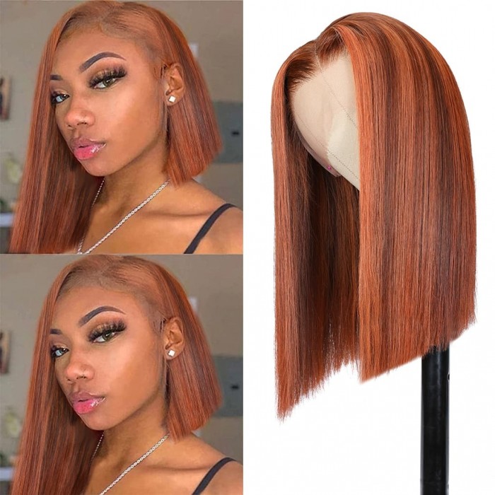 Incolorwig Blunt Cut Bob 13x4 Lace Front Wigs Auburn Brown With Copper Highlights Straight Human Hair Wigs