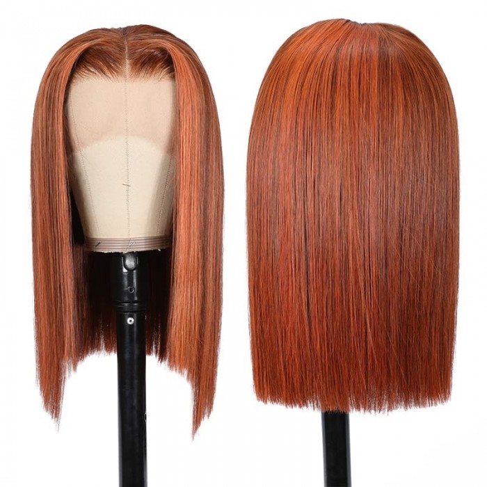Incolorwig Blunt Cut Bob 13x4 Lace Front Wigs Auburn Brown With Copper Highlights Straight Human Hair Wigs