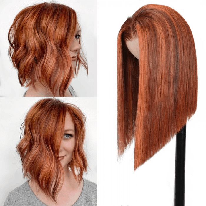 Incolorwig Blunt Cut Bob 13x4 Lace Front Wigs Auburn Brown With Copper Highlights Straight Human Hair Wigs