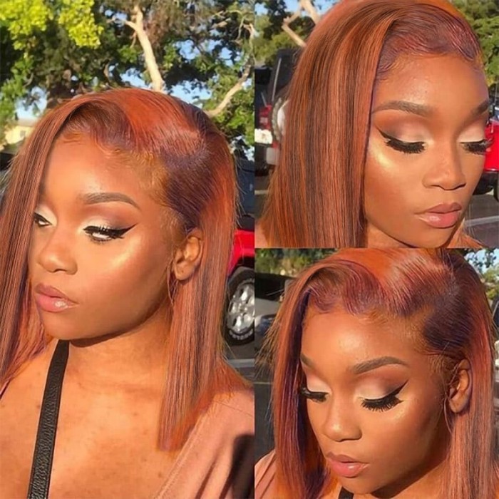 Incolorwig Blunt Cut Bob 13x4 Lace Front Wigs Auburn Brown With Copper Highlights Straight Human Hair Wigs