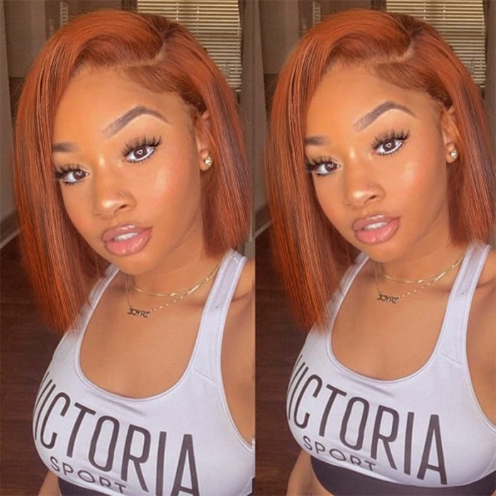 Incolorwig Blunt Cut Bob 13x4 Lace Front Wigs Auburn Brown With Copper Highlights Straight Human Hair Wigs