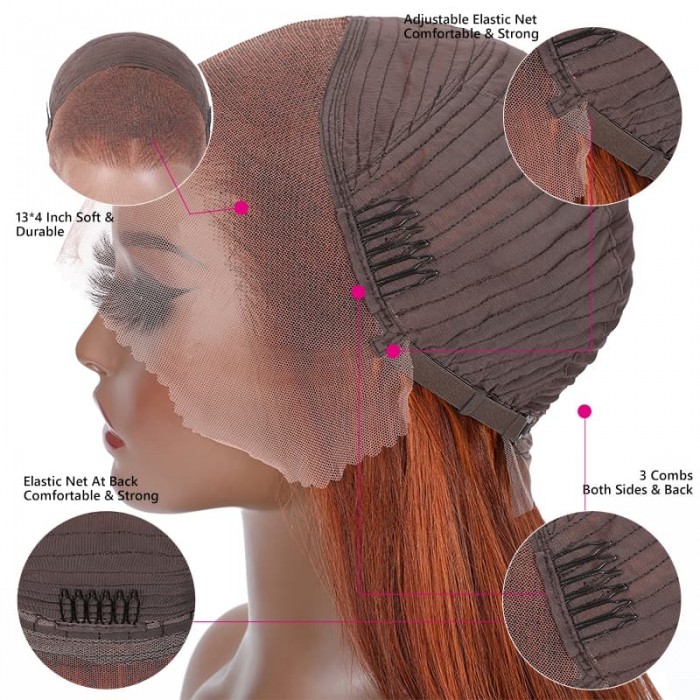 Incolorwig Blunt Cut Bob 13x4 Lace Front Wigs Auburn Brown With Copper Highlights Straight Human Hair Wigs