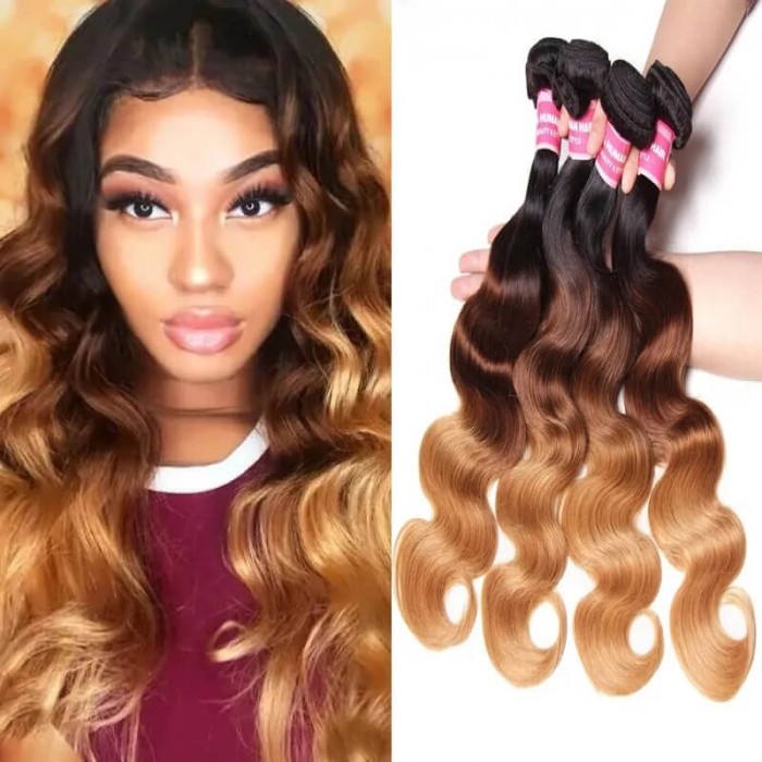 Incolorwig 100% Peruvian Human Hair 4 Bundles Deals #T1B427 Ombre Color Body Wave Human Hair Weave