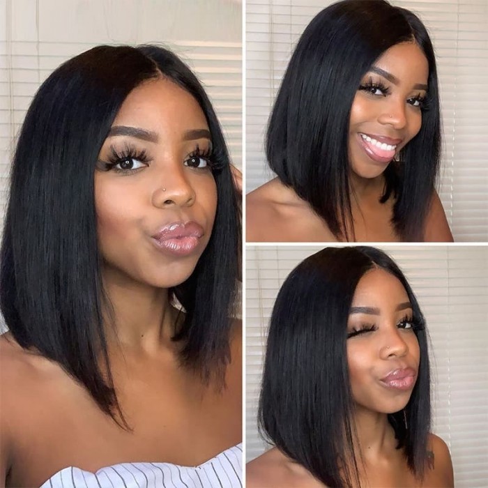 Incolorwig Natural Black Short Cut Bob Wig 150% Density T Part Lace Wig For Black Women