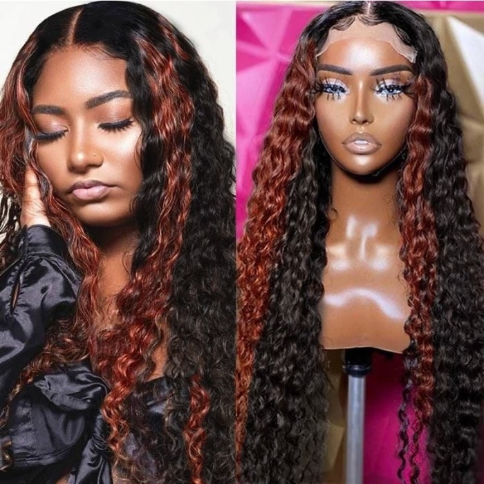 Incolorwig Ombre 13x4 Deep Wave Lace Front Human Hair Wig Natural Color With Copper Highlight Wigs