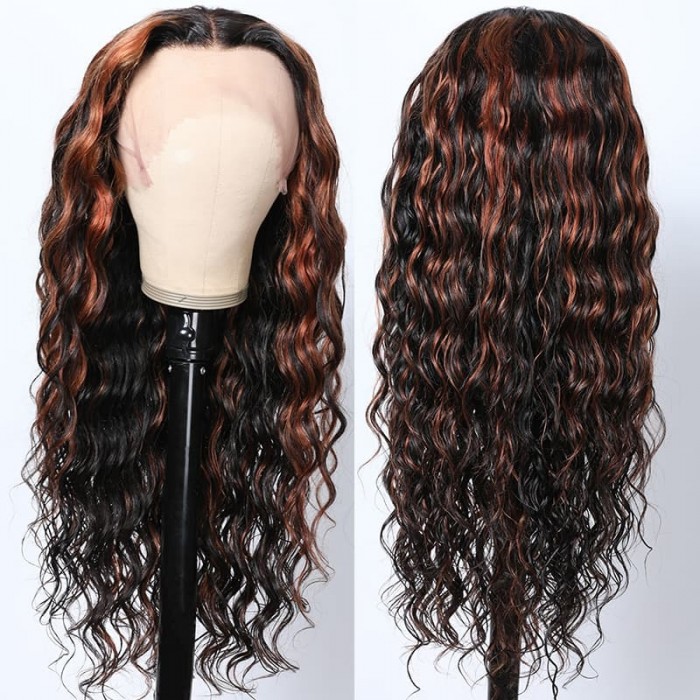 Incolorwig Ombre 13x4 Deep Wave Lace Front Human Hair Wig Natural Color With Copper Highlight Wigs