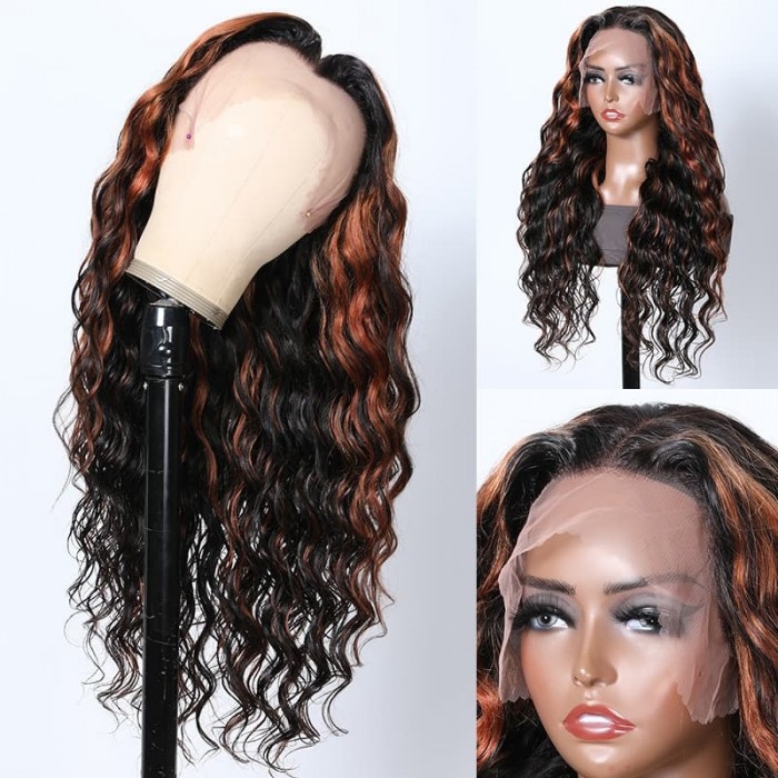 Incolorwig Ombre 13x4 Deep Wave Lace Front Human Hair Wig Natural Color With Copper Highlight Wigs