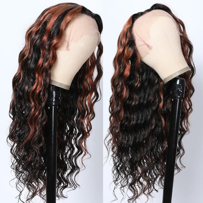 Incolorwig Ombre 13x4 Deep Wave Lace Front Human Hair Wig Natural Color With Copper Highlight Wigs