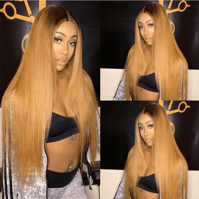 Incolorwig Straight Ombre Highlight Brown 13*4 Lace Front Wig With Baby Hair 150% Density Human Hair