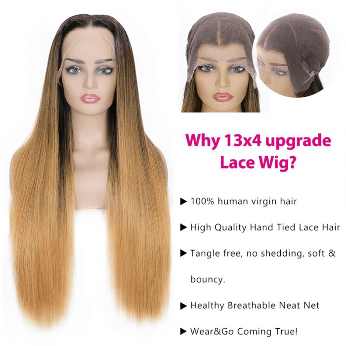 Incolorwig Straight Ombre Highlight Brown 13*4 Lace Front Wig With Baby Hair 150% Density Human Hair