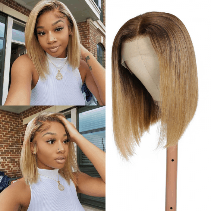 Incolorwig Fashion Short Cut Bob Wigs Golden Blonde 13x4 Lace Front Wigs With Dark Roots