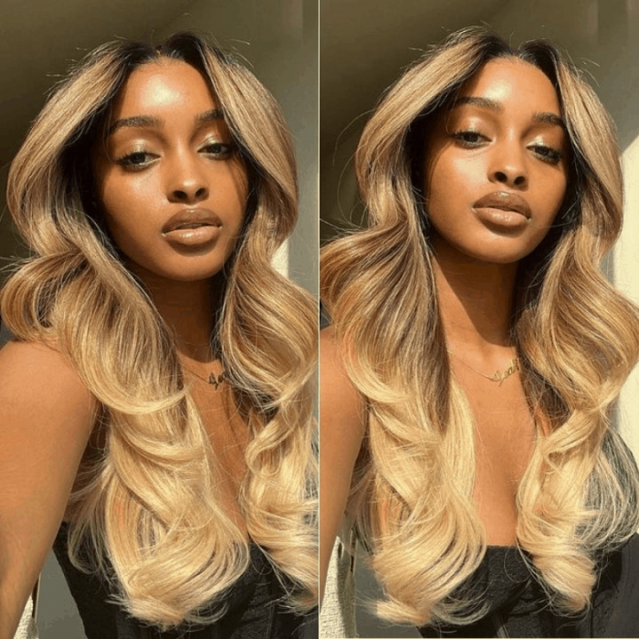 Incolorwig Ombre Golden Brown Balayage Natural Wave 13x4 Lace Front Wig 180% Density With Baby Hair