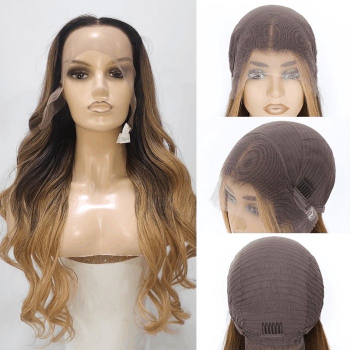 Incolorwig Ombre Golden Brown Balayage Natural Wave 13x4 Lace Front Wig 180% Density With Baby Hair