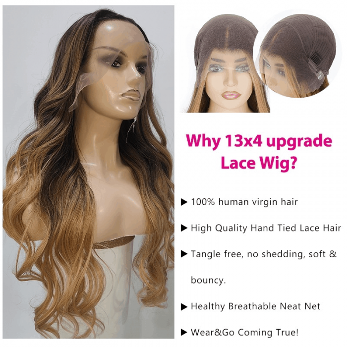 Incolorwig Ombre Golden Brown Balayage Natural Wave 13x4 Lace Front Wig 180% Density With Baby Hair