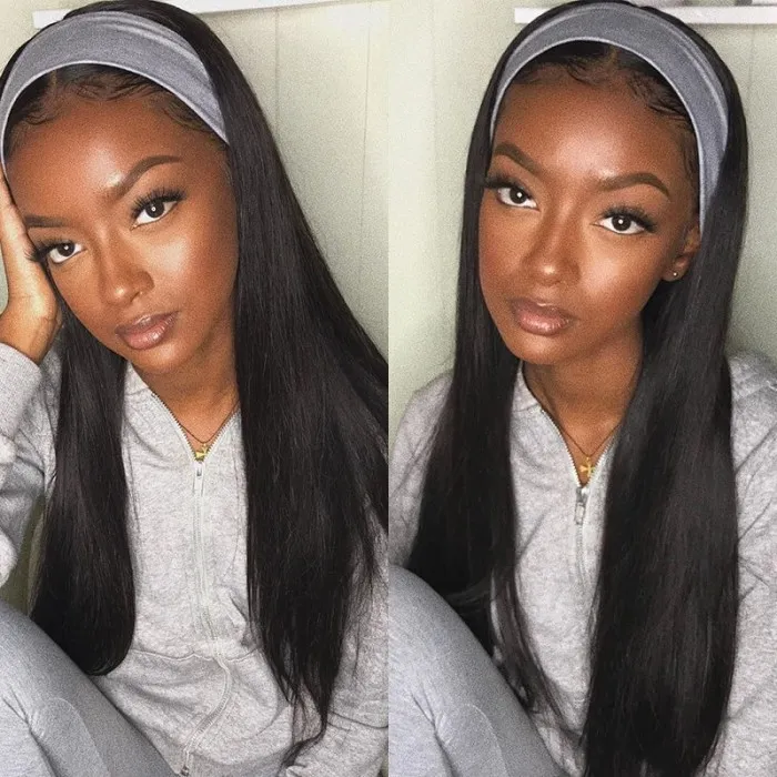 Incolorwig High Quality Human Straight Hair Wig 150% Density Natural Black Headband Wig