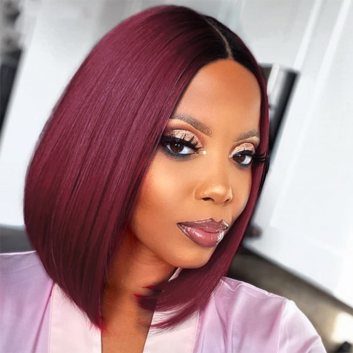 Incolorwig Ombre 99J Short Bob Wigs 150% Density 4x4 Lace Closure Wig Red Wine Bob Wig