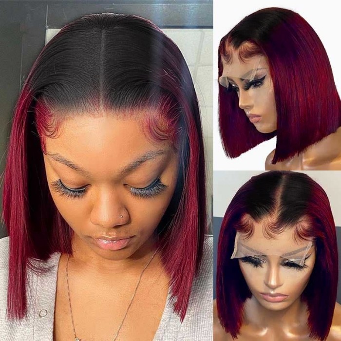 Incolorwig Ombre 99J Short Bob Wigs 150% Density 4x4 Lace Closure Wig Red Wine Bob Wig