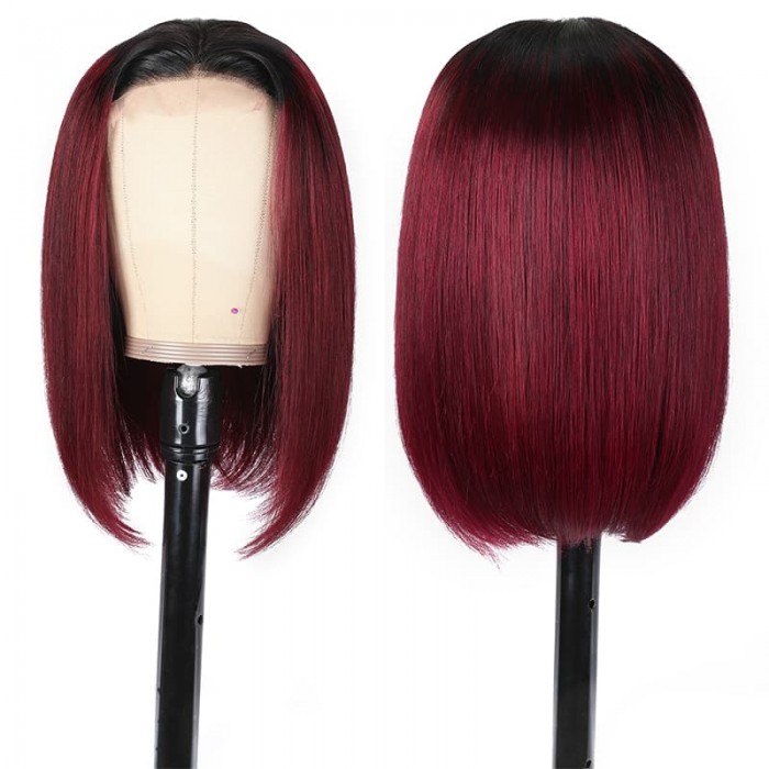 Incolorwig Ombre 99J Short Bob Wigs 150% Density 4x4 Lace Closure Wig Red Wine Bob Wig