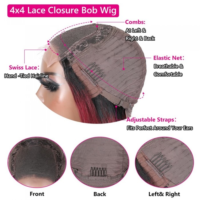 Incolorwig Ombre 99J Short Bob Wigs 150% Density 4x4 Lace Closure Wig Red Wine Bob Wig