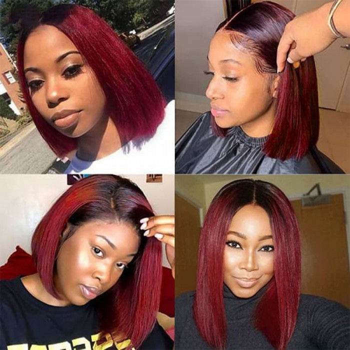Incolorwig Ombre 99J Short Bob Wigs 150% Density 4x4 Lace Closure Wig Red Wine Bob Wig