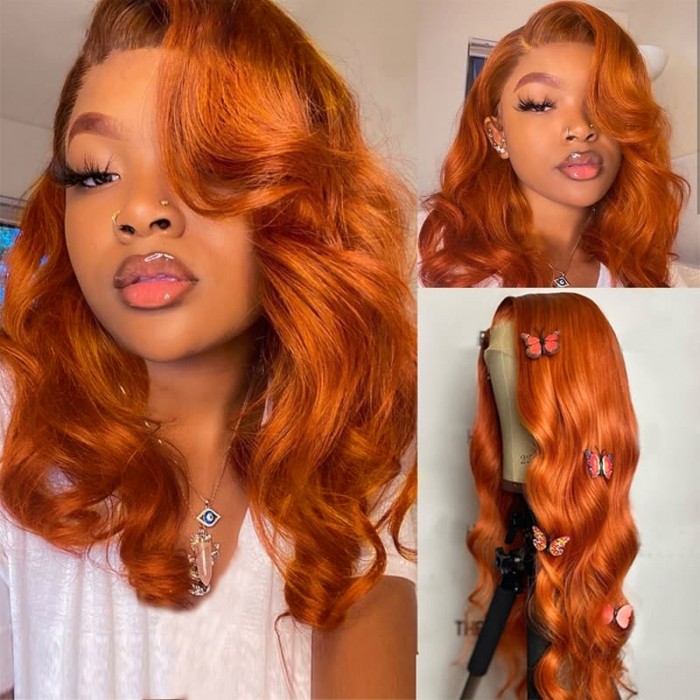 Incolorwig Orange Ginger Color 13*4 Lace Front Wigs Body Wave 150% Density Pre Plucked Human Hair Wig