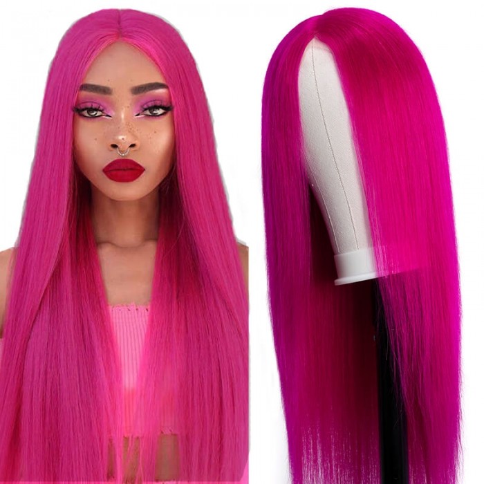 Incolorwig Rose Red Straight Human Hair Wig Hairline Lace Part 150% Density Middle-part Fake Scalp Wig 