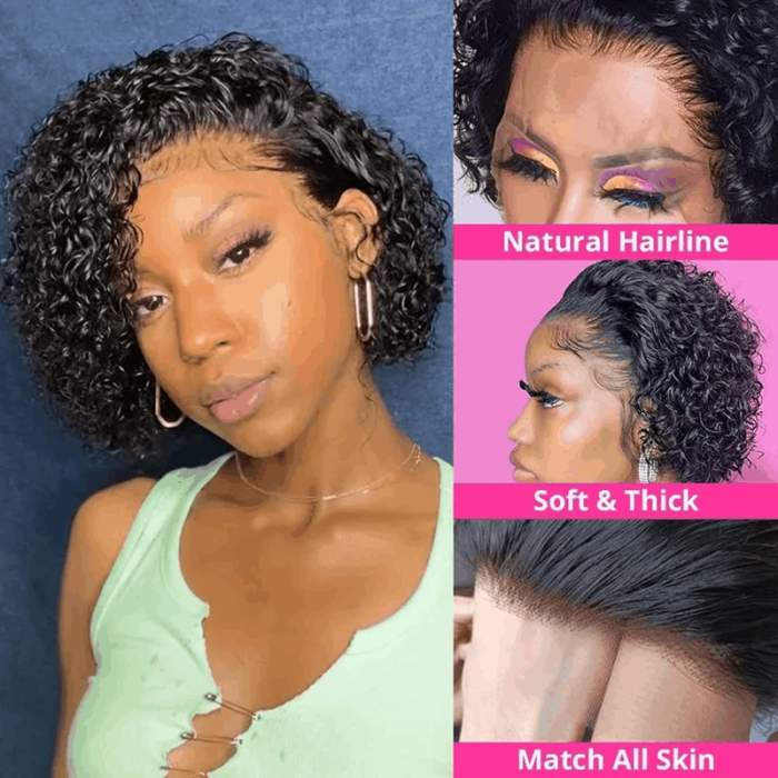 Incolorwig Short Curly Wigs Pixie Cut Wig 150% Density Natural Black 13*1 Lace Frontal Wigs