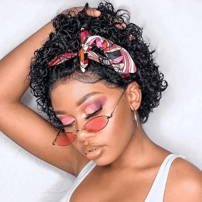 Incolorwig Short Curly Wigs Pixie Cut Wig 150% Density Natural Black 13*1 Lace Frontal Wigs