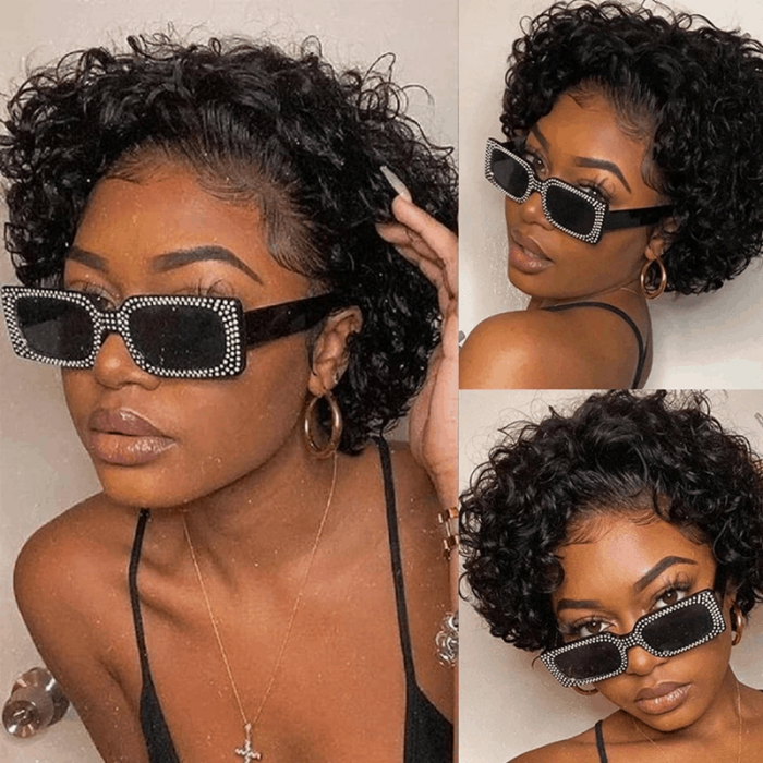 Incolorwig Short Curly Wigs Pixie Cut Wig 150% Density Natural Black 13*1 Lace Frontal Wigs