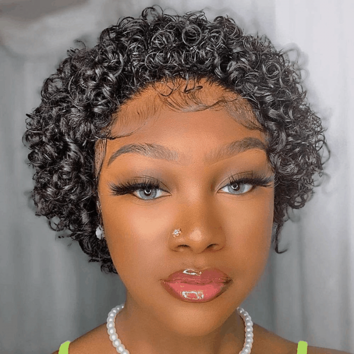 Incolorwig Short Curly Wigs Pixie Cut Wig 150% Density Natural Black 13*1 Lace Frontal Wigs