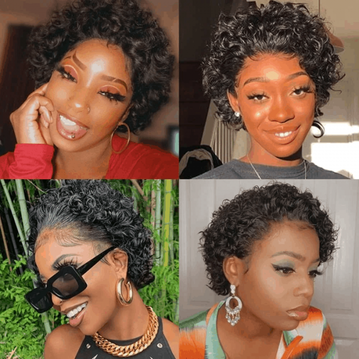 Incolorwig Short Curly Wigs Pixie Cut Wig 150% Density Natural Black 13*1 Lace Frontal Wigs