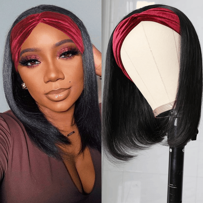 Incolorwig Short Cut Bob Wigs Human Hair Headband Wigs Wear And Go For Women