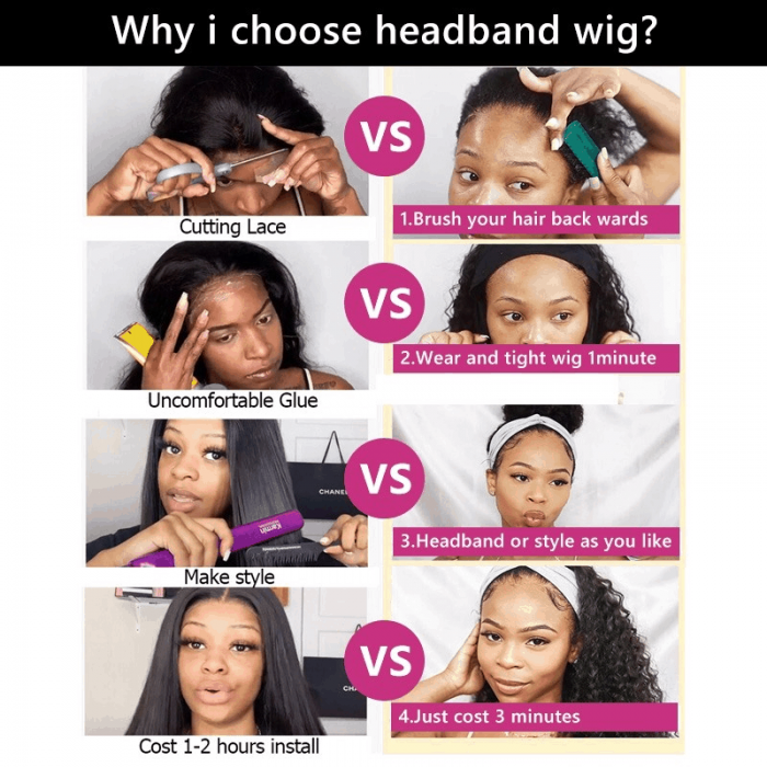 Incolorwig Short Cut Bob Wigs Human Hair Headband Wigs Wear And Go For Women