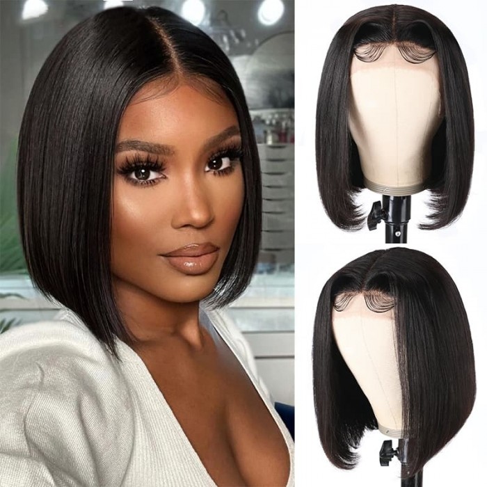 Incolorwig Fashion Short Cut Bob Wig Natural Black 13x5x0.5 Pre Plucked Lace Front T Part Wigs