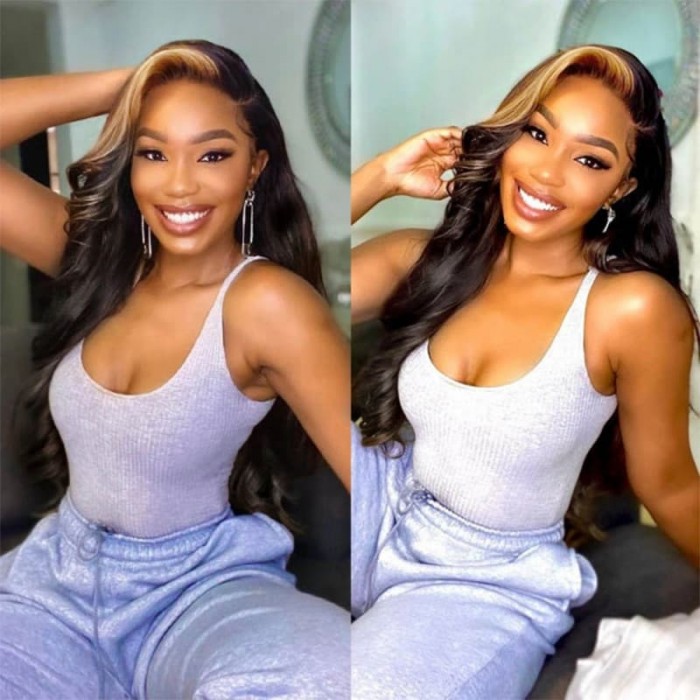 Incolorwig Skunk Stripe Wig With Honey Blonde Highlights Loose Wave Lace Front Wig With Streaks In Front